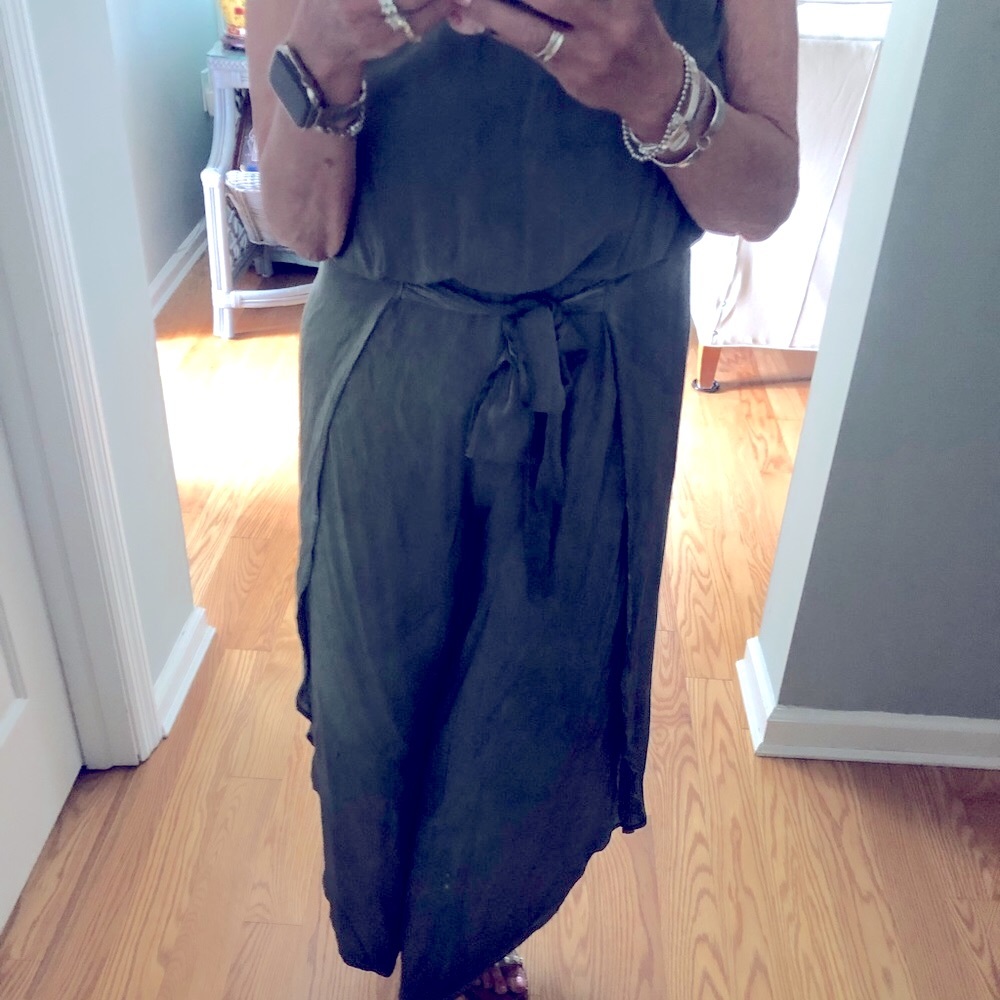 Jumpsuit. Self-tie belt. Lightweight w/gorgeous billowy leg wrap design. Green